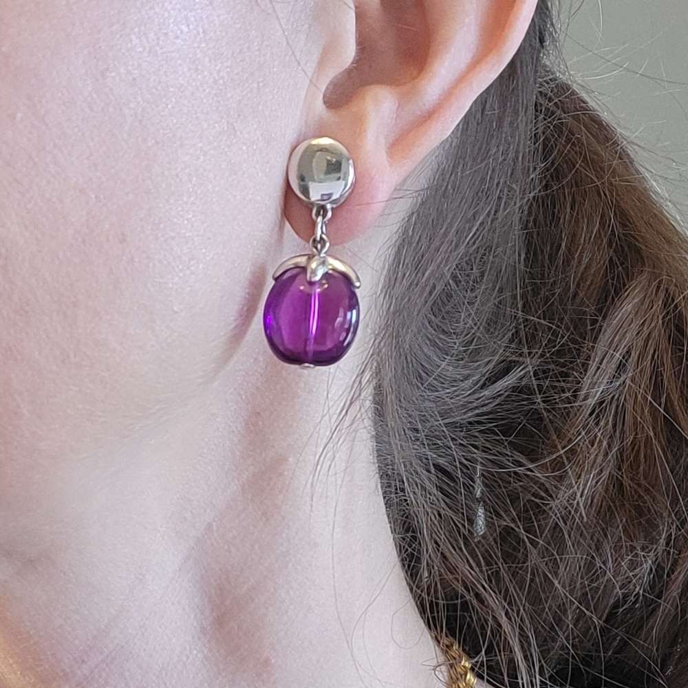 VTG Crown Trifari Silvertone Purple Lucite Dangle Clip On Earrings Waterfall 60s - Picture 5 of 15